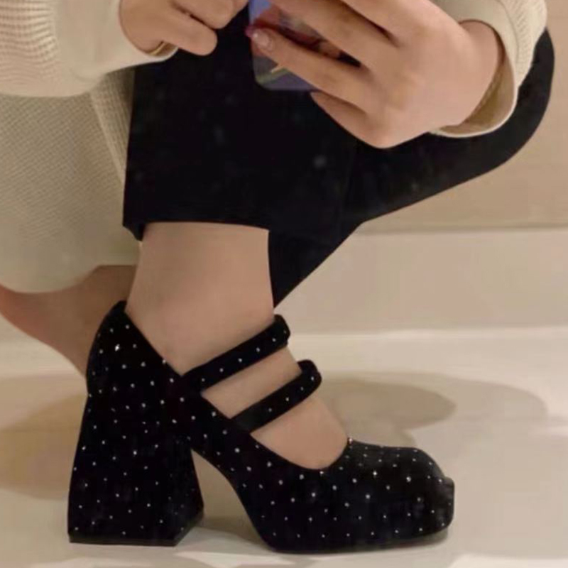 Rimocy Fashion Square Toe Mary Jane Platform Shoes Women Black Ankle Strap High Heels Pumps Woman Patent Leather Chunky Shoes 210408