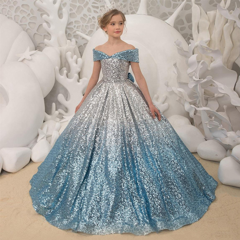 Cute 2021 Flower Girl Dresses Off Shoulder Ball Gown Lace Appliques Tiered Skirts Girls Pageant Dress A Line Kids Sequined Birthday Gown