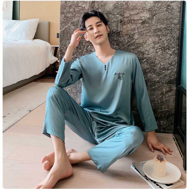 men's ice silk pajamas suit men's long-sleeved thin pajamas men's sleeping lounge home wear soft and comfortable pajamas 211019