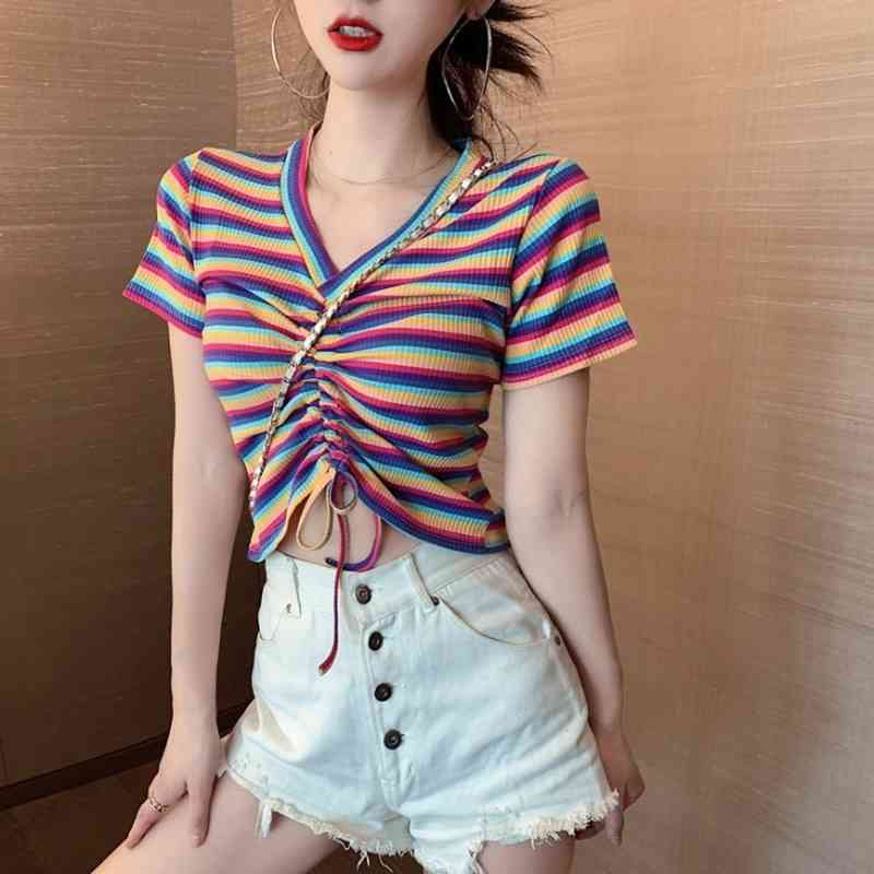 Fashion Sexy V Neck Short Sleeve Drawstring Bandage Rainbow Striped Tshirts Women Summer Knitted Crop Tops Sweet Tees Wild 210429