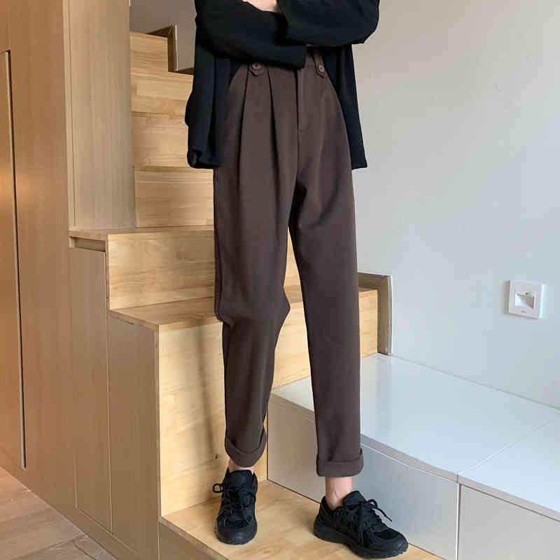 Arrival Korea Fashion Autumn Women High Waist Loose Woolen Pants All-matched Casual Black Harem Femme Trausers V20 210512