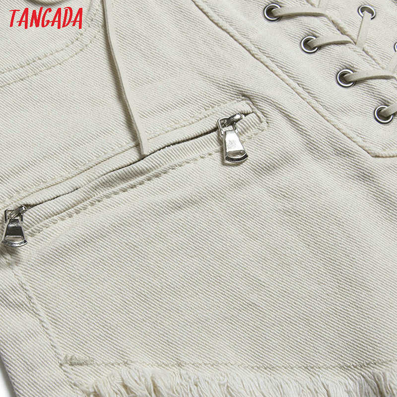 Tangada women stylish summer denim shorts lace up high waist pockets female casual streetwear white short jeans pantalone 2A19 210714