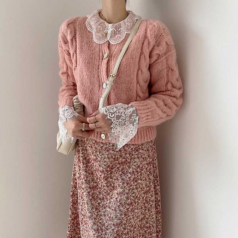 Yedinas Women Short Cardigan Autumn Winter Knitted Sweater Korean Style Long Sleeve Jumper Cardigans Solid Sweaters Sueter Mujer 210527