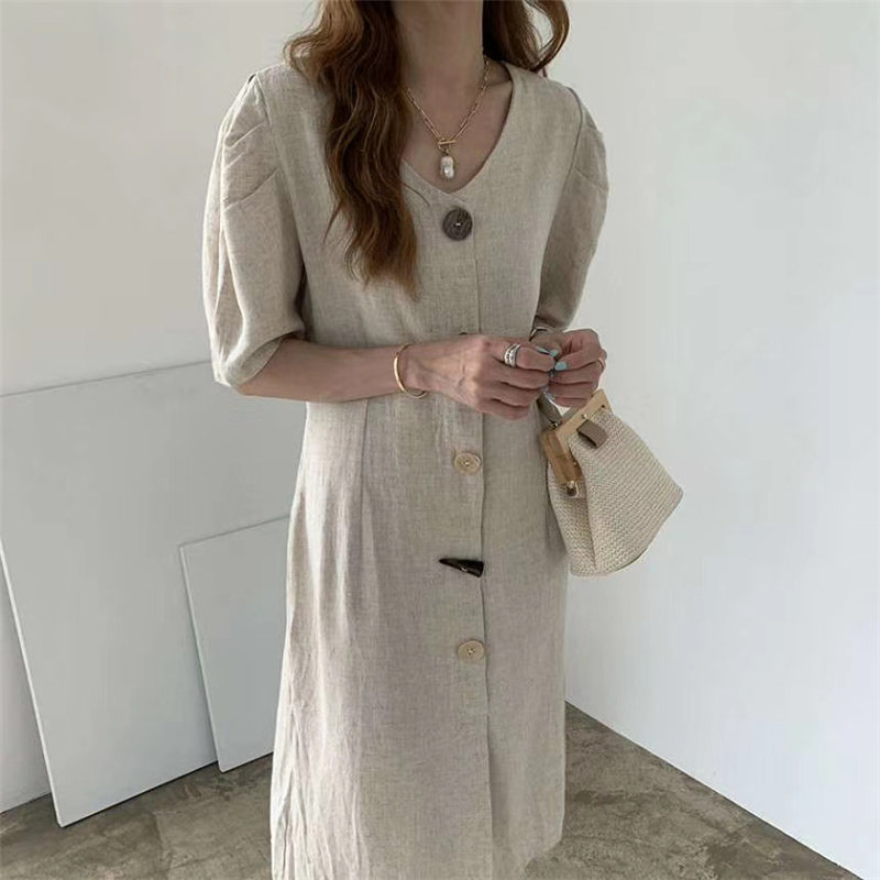 Korean Chic Retro Slim Fashion OL Women Brief High Waist V-neck Office Lady Cotton Linen Long Dresses 210421