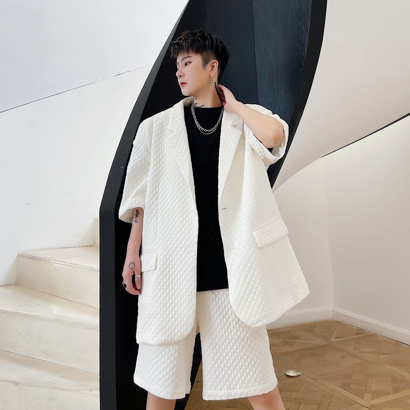 IEFB Summer Solid Color Men's Blazer Diamond Embossed Male Short Sleeve Suit Coat Loose Causal Korean Big Size Man Clothing 210524