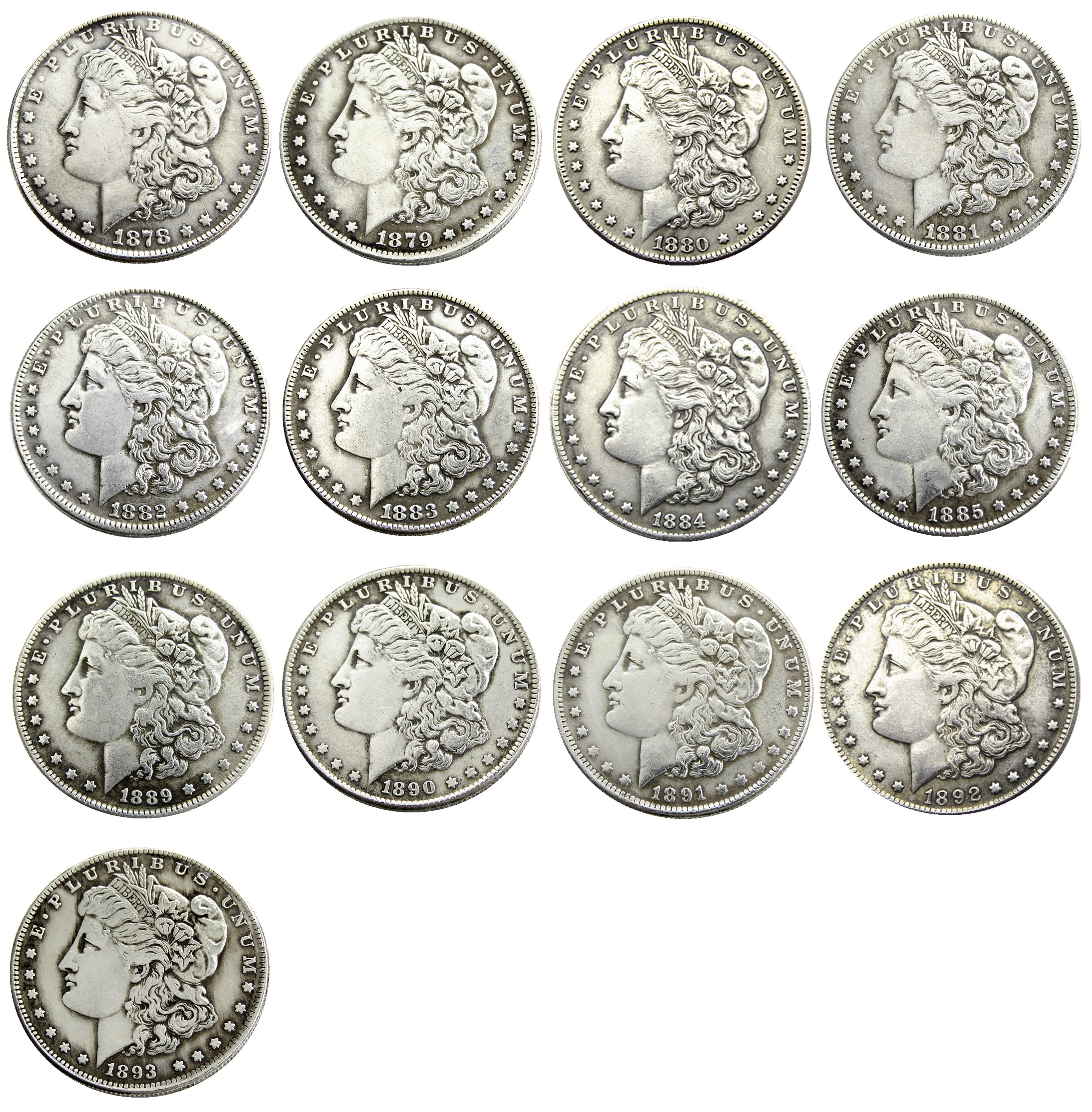 US 13pcs Morgan Dollars 1878-1893 "CC" Different Dates Mintmark craft Silver Plated Copy Coins metal dies manufacturing factory Price
US 13pcs Morgan Dollars 1878-1893 "CC" Different Dates Mintmark craft Silver Plated Copy Coins metal dies manufacturing factory Price