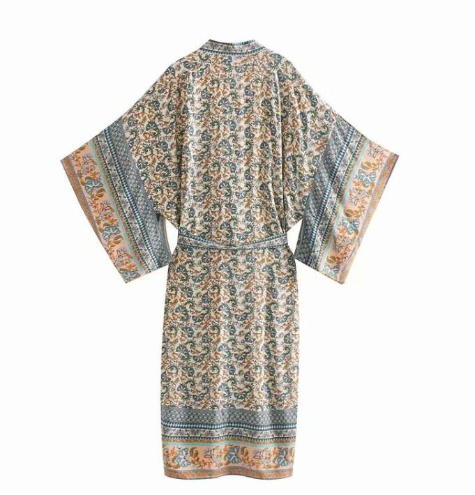 Blouses women's European and American loose all-match ethnic print tie waist kimono dress