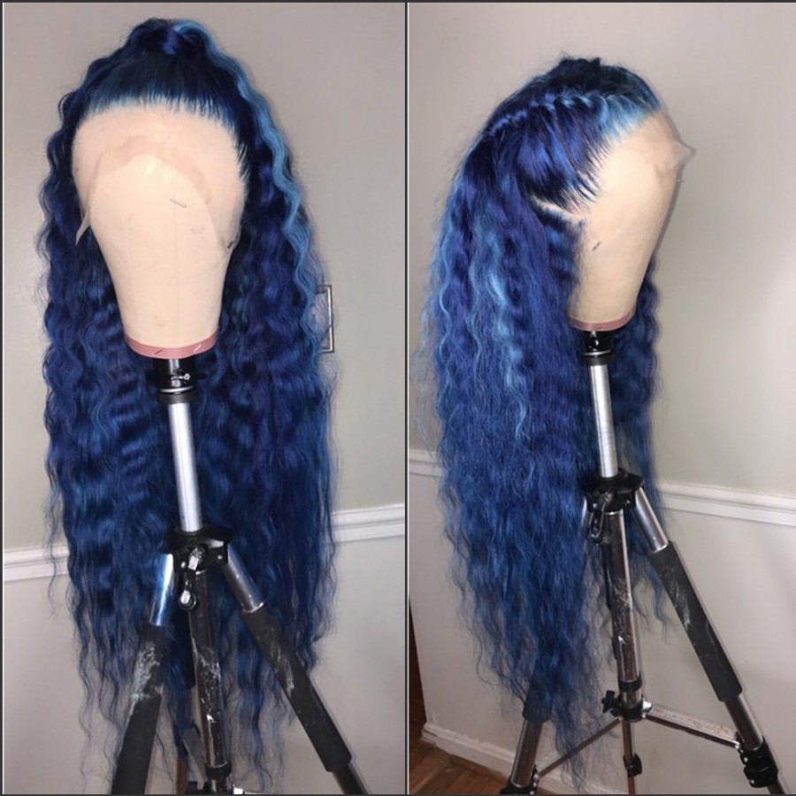 Dark Blue Color Water Wave Wig With Baby Hair High Temperature Synthetic Lace Front Wigs for Black Women Cosplay