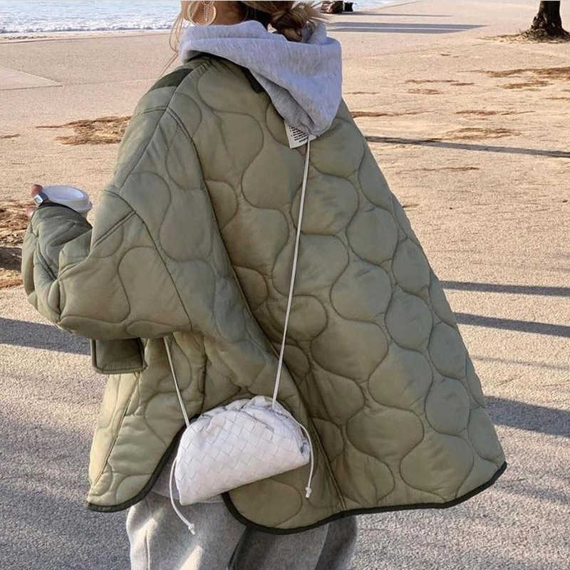 Women Army Green Winter Quilted Parkas Female Casual Long Sleeve Pocket Single Breasted Curved Hem Jacket Coat 211007