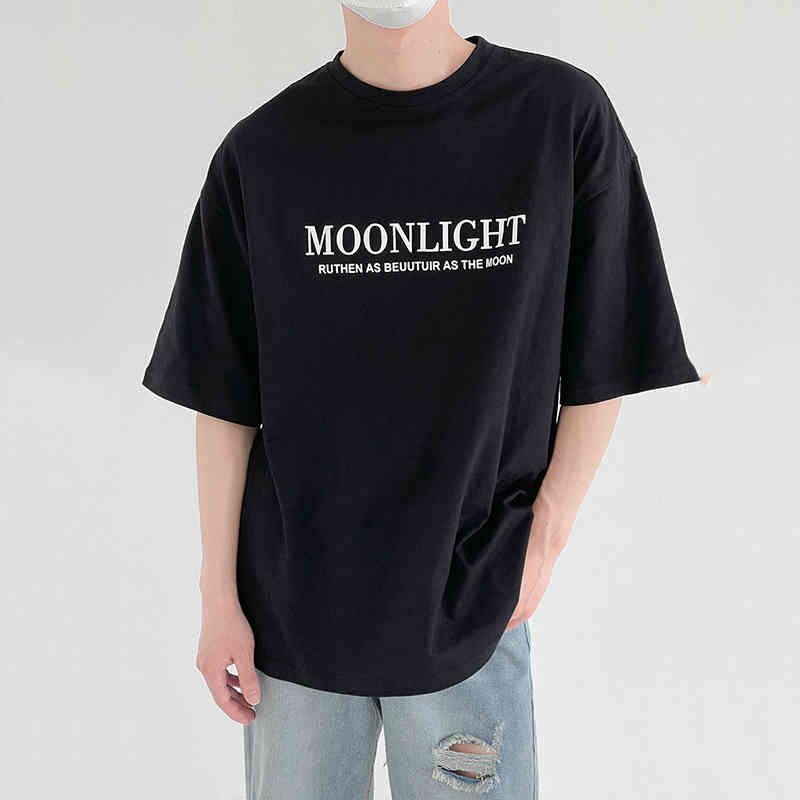 IEFB Black Short Sleeve Men's T-shirt Round Neck Loose Letter Print Simple Casual Korean Trend Black Tee Tops Summer 9Y7589 210524