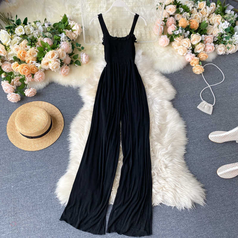 Women Jumpsuit Summer Elastic Pleated Waist Slimming Wide Leg Overalls L625 210527