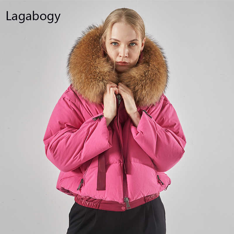 Lagabogy Top Quality Winter Coat Women Large Raccoon Fur Hooded 90% White Duck Down Thick Parkas Female Snow Puffer Jackets 210819