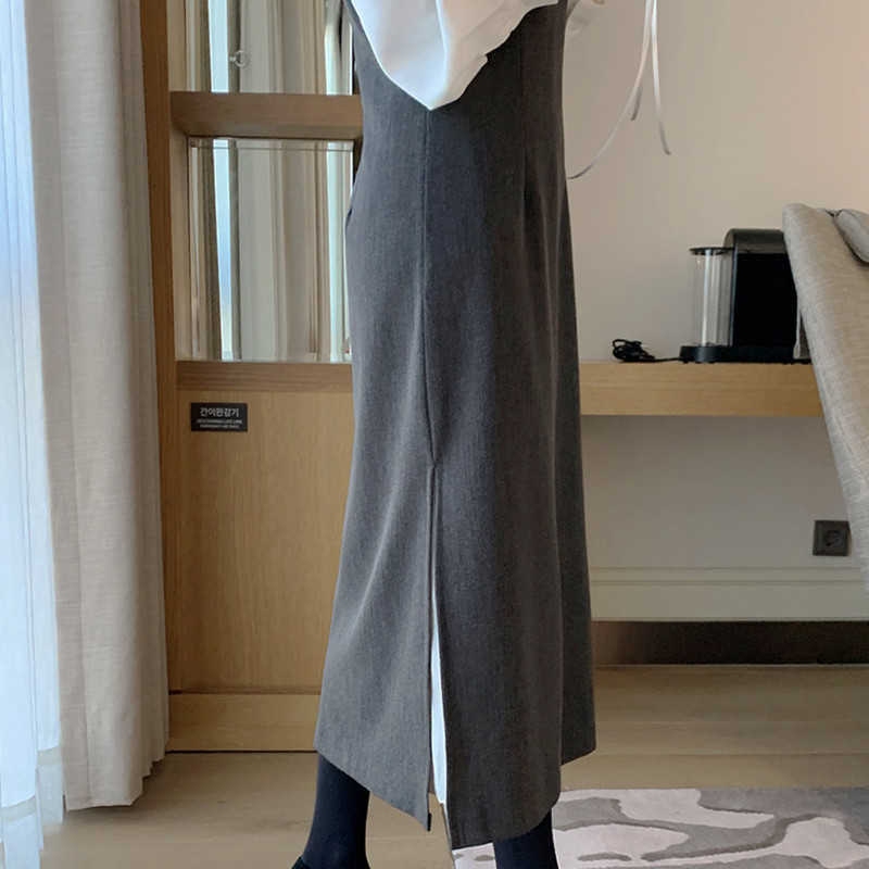 Spring Korean Elegant 2pieces Sets Split Tank Dress + Puff Sleeve O-neck Pullover Blouse Outfits 6E651 210603