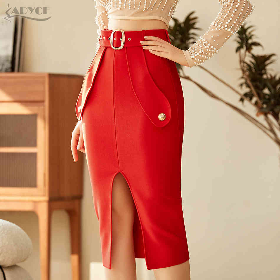 Summer Women White Knitted Pencil Belt Bandage Skirt Sexy Knee Length Buttons Celebrity Evening Party Club Skirts 210423