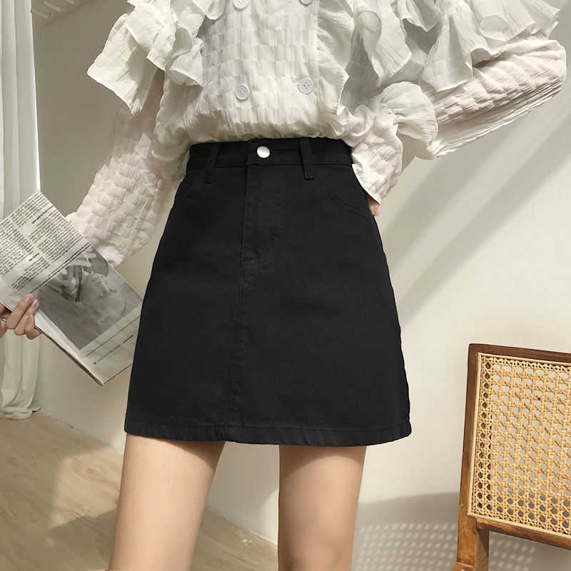 Women's Denim Mini Skirt Fashion Summer High Waist Korean Black Casual Solid Streetwear Pocket A-line Jeans 210526