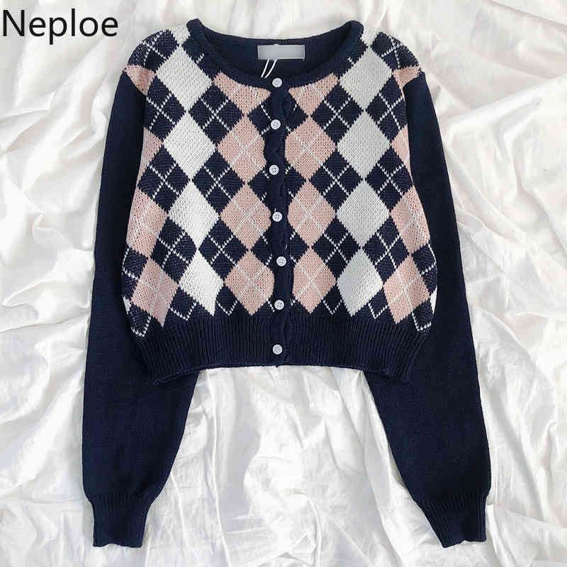 Neploe Cropped Sweaters Japanses Contrast Color Plaid Knitted Cardigan O-neck Long Sleeve All-match Casual Coat Tops Femme 94847 210422