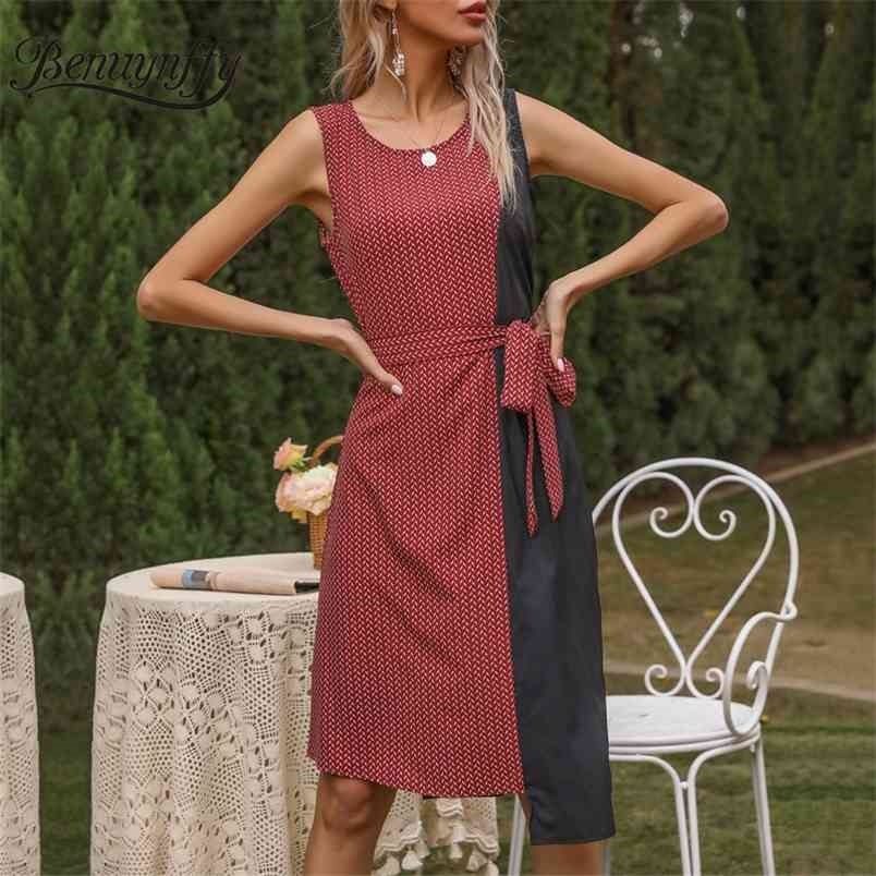 O-Neck Print Color Block Elegant Midi Dresses Women Fashion Sleeveless Asymmetrical Office Lady Summer Dress 210510