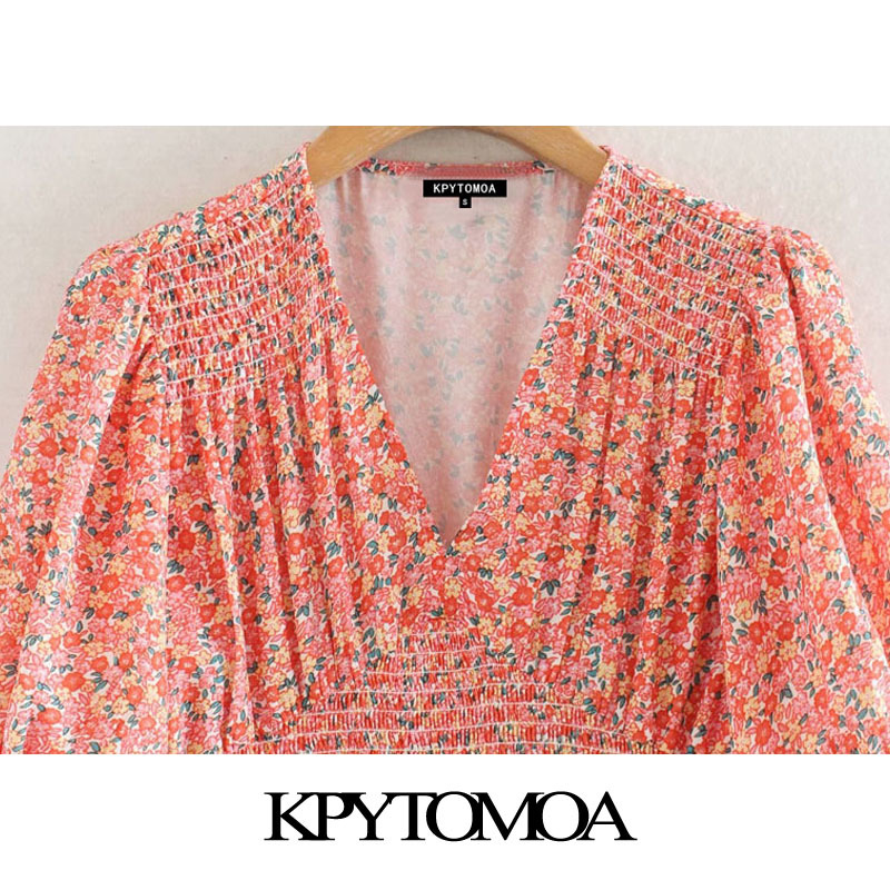 Women Chic Fashion Floral Print Elastic Smocked Mini Sheath Dress V Neck Ruffled Female Dresses Vestidos 210420
