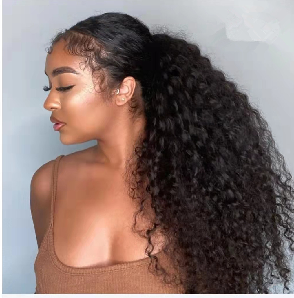 Eye catching low curly ponytail hairdo natural drawstring human hair with clips baby hair style 140g