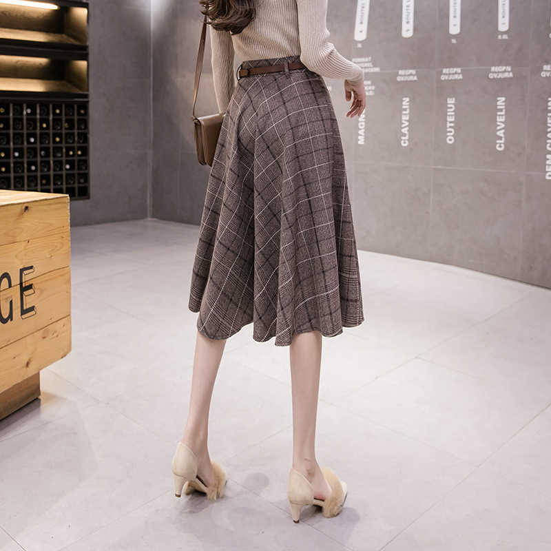 High Waisted Woolen Skirt Women' Mid Plaid A-line Umbrella Skirt Women For Autumn Winter Long Skirts Women With Belt 211119
