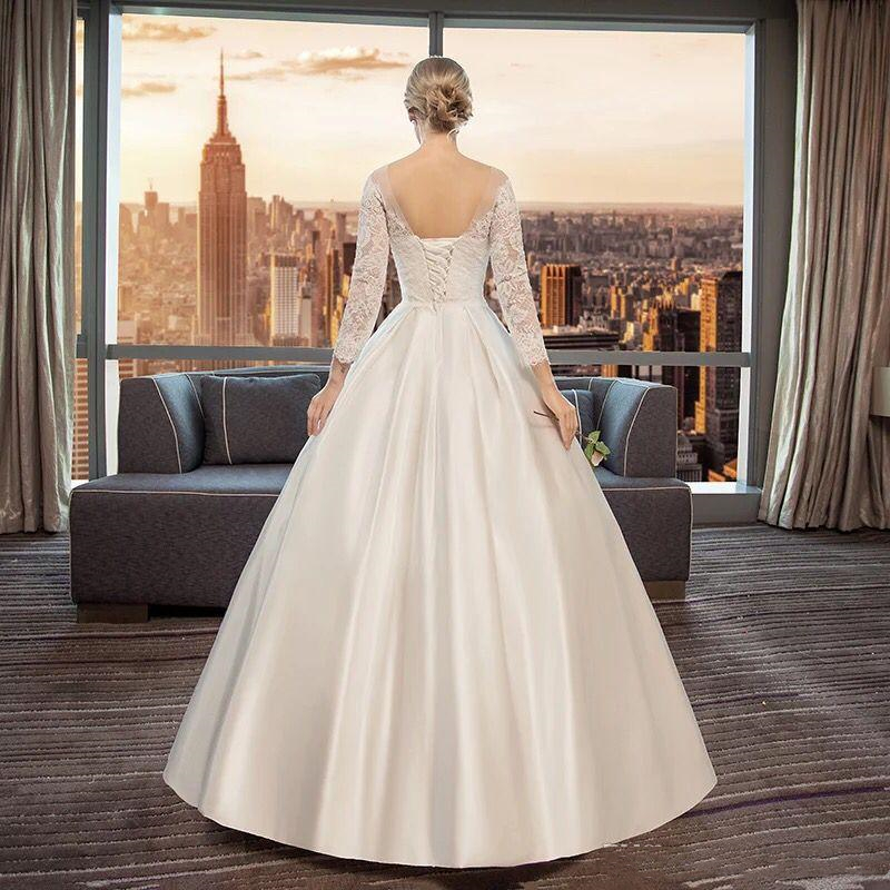Elegant Ivory A e Wedding Dress With 3/4 Long Sleeve Back Lace Up Plus Size or Length Satin Bridal Gowns Scoop Neck Pastrol Style Bride Dresses