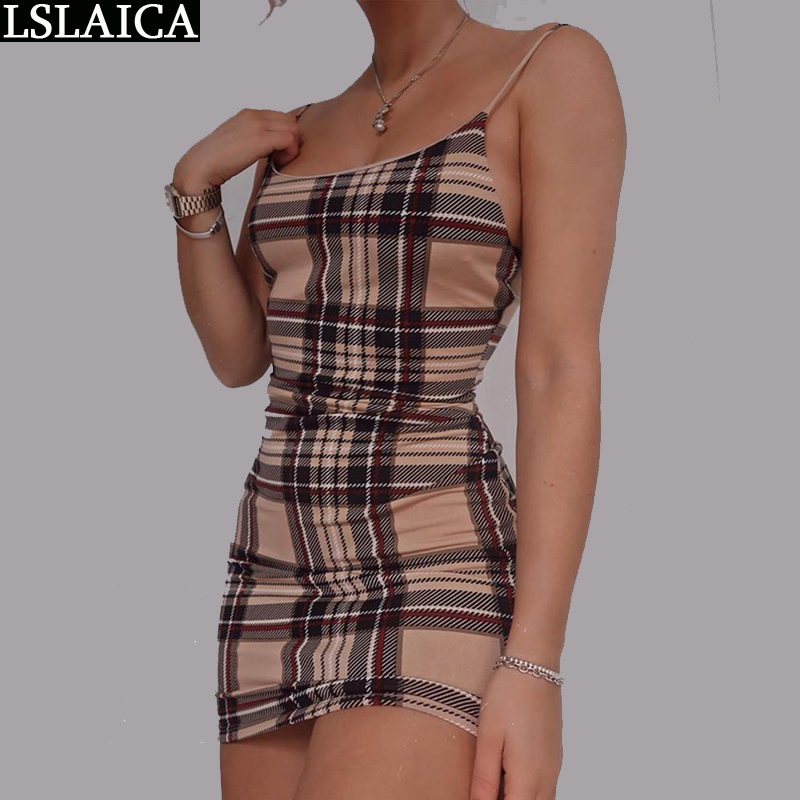 Women dresses summer sleeveless plaid print spaghetti srtap sexy dress mini elegant female fashion holiday women 210515