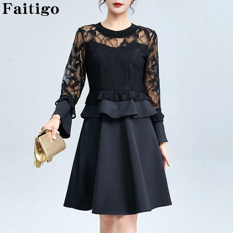 Women Print Dress Autumn O-neck Long Sleeve Fashion Lace Patchwork Plus Size Office Elegant Ladies Dresses Casual Midi