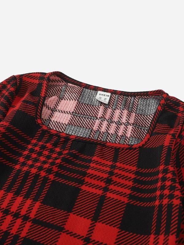 Girls Plaid Print Square Neck Dress SHE