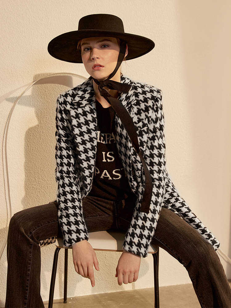 Minimalism Winter Women's Coat Fashion Vintage Lapel Houndstooth Woolen Double breasted Female Jacket 12070584 210527