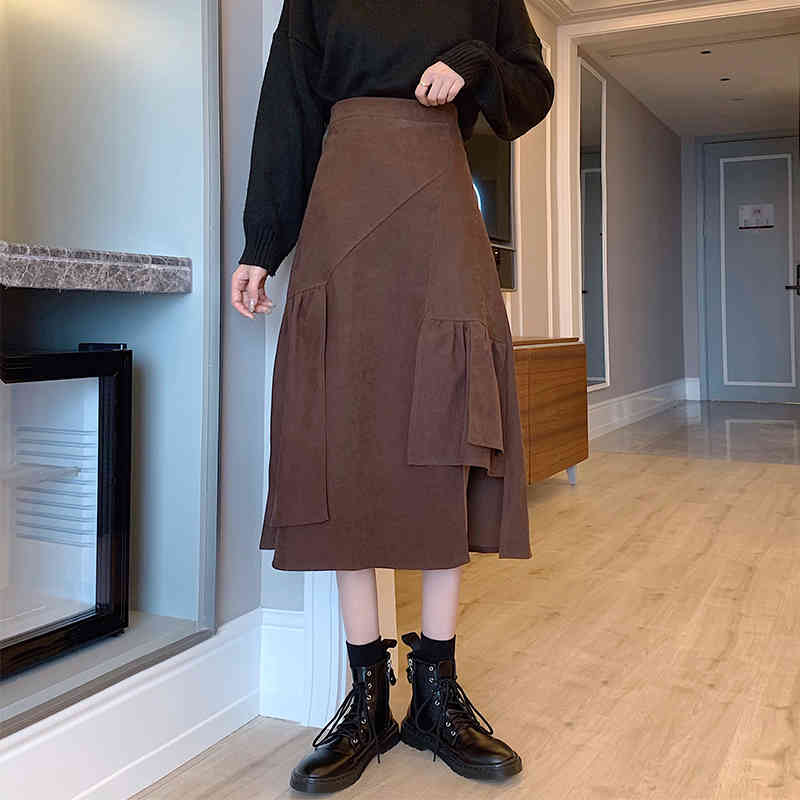 Nomikuma Irregular Ruffle Women Skirt Korean High Waist Causal Skirts Autumn Winter Bottoms New A-line Mujer Faldas 6D134 210427