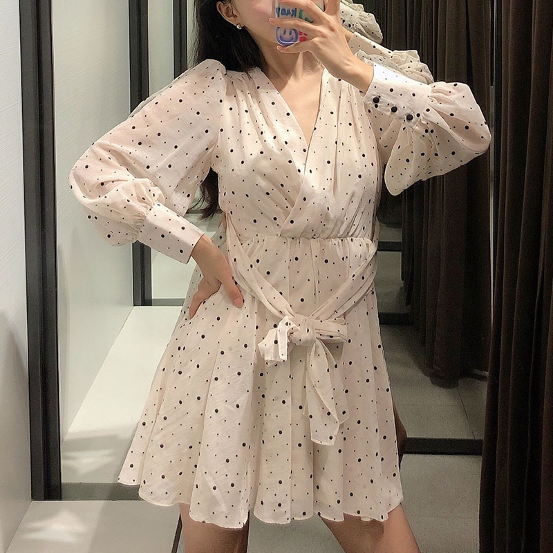 Casual Dot Dress V Neck Elegant Mini Dress Long Sleeve Bandage Pleated Chiffon Dress Women Summer Autumn Vestidos Mujer 210414