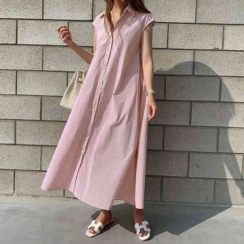 Summer Casual Plus Size Party Dress Sleeveless Women Dresses Loose High Waist Office Long Striped Robe Femme 10389 210518