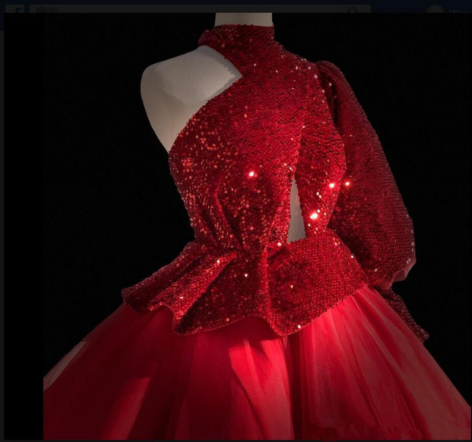 Sparkling Red Evening Dresses Ball Gown Elegant High Neck Long Sleeves Prom Dress Glitter Sequins Formal Party Gowns Ruched Satin Custom Made Robe de 