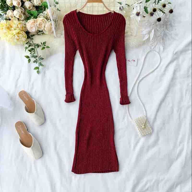 Women Vintage Knit Dress Autumn Long Sleeve O Neck High Elasticity Slim Bodycon Dress Casual Ladies Solid Sweater Vestidos 210521