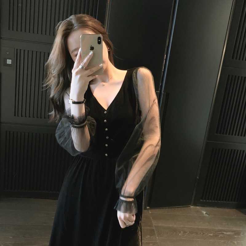 Yedinas Women Elegant Gothic Black Dress Long Lantern Mesh Sleeve Sexy V-neck Party Dresses Ladies Vestidos Mujer Autumn Spring 210527