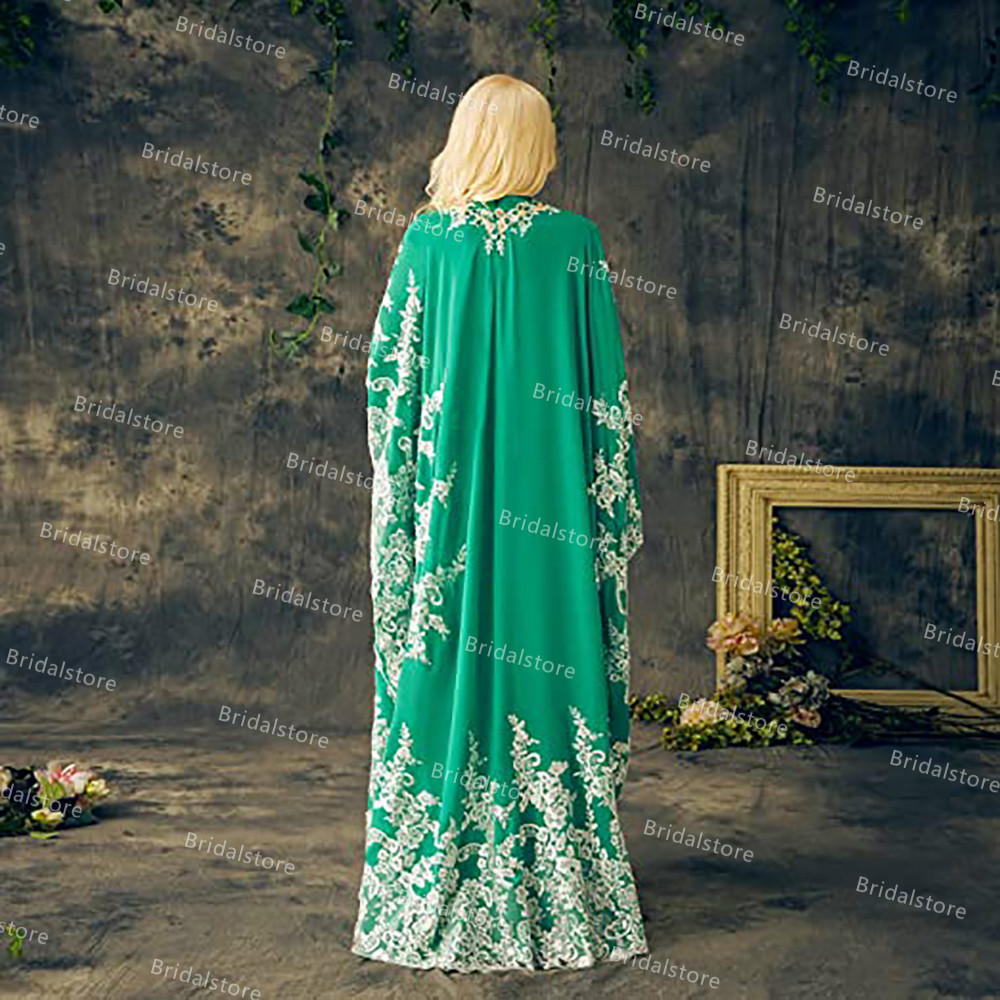 Vintage Kaftan Dubai Green Evening Dress With Lace Elegant Arabic Abaya Muslim Prom Dresses Plus Size Morrocan Formal Party Gown 2021 robe de soirée m
