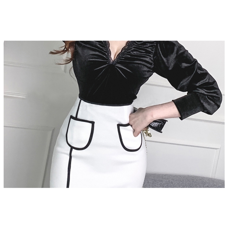 Spring Women 2 Pieces Set Office OL Sexy Black V-Neck Velvet Shirt Top + High Waist Bodycon Pencil Skirt Suit Work Wear 210519