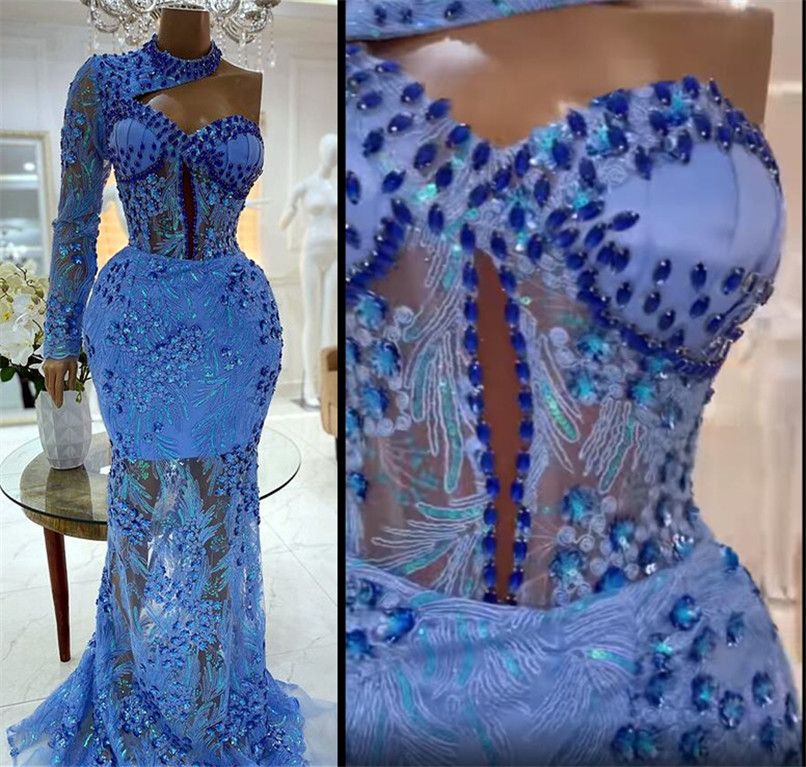 Arabic Size Plus Aso Ebi Blue Urious Mermaid Prom Dresses Lace Beaded Crystals Evening Formal Party Second Reception Gowns Dress ZJ