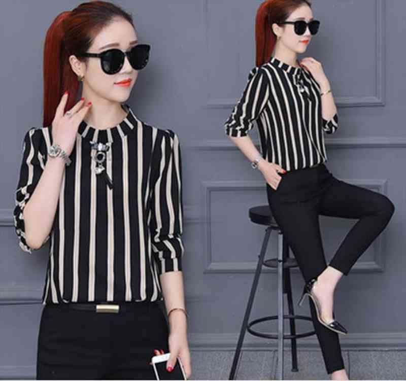 Spring Summer Blouse Seven-point Sleeves Thin Shirt Autumn Loose Wild Shirt Striped Bottoming, White
Spring Summer Blouse Seven-point Sleeves Thin Shirt Autumn Loose Wild Shirt Striped Bottoming, White
