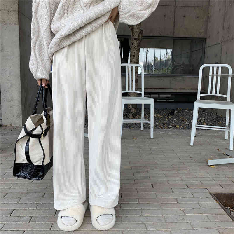 2colors long Trousers Women Loose breif Straight Pants Casual corduroy Pants Female Thick Warm Wide Leg Pants women(R99471 210423