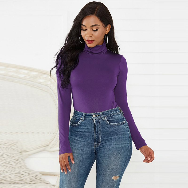 Long Sleeve High Neck Jumpsuits T-shirt Women Fit All-in-one Pants Winter Solid Skinny Vintage Turtleneck Bodysuit Women Top 210406