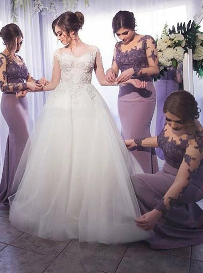 Lilac Long Sleeves Cheap Bridesmaid Dresses Illusion Under Mermaid Appliques Beaded Long Wedding Party Dresses