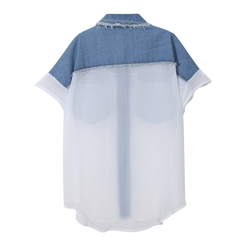 [EAM] Women Denim Burr Big Size Perspective Blouse Lapel Short Sleeve Loose Fit Shirt Fashion Spring Summer 1DD6099 210512