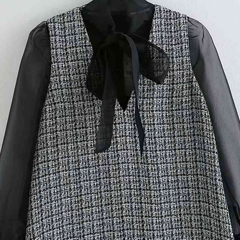 Vintage Women Bow Tie Collar Patchwork Mini Dress Elegant Ladies See Through Sleeve Clothes Loose Female Tank 210515