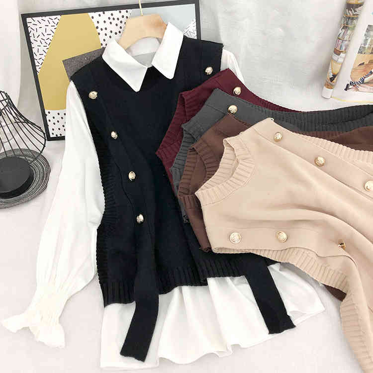 Elegant Two Pieces Set Women Button Bandage Sweater Vest + White Longsleeve Blouse Korean Fashion Clothes Suit 210422