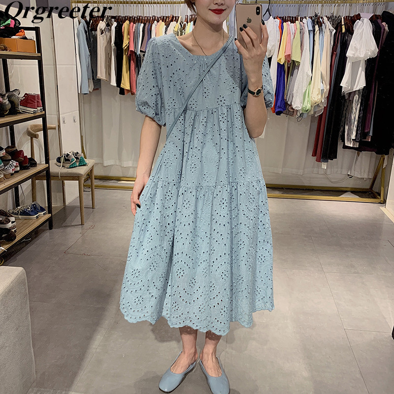 Korean Style Solid Embroidery Hollow Out Knee-length Dress for WOmen Summer Pullover Short Puff sleeve A-line Loose 210525, White
Korean Style Solid Embroidery Hollow Out Knee-length Dress for WOmen Summer Pullover Short Puff sleeve A-line Loose 210525, White