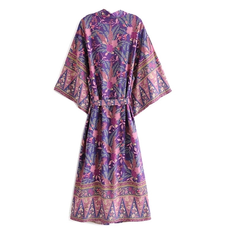 Bohemia V neck Celosia Flower Print Long Kimono Shirt Purple Ethnic Women Lacing up Bow Sashes Cardigan Loose Blouse Tops 210429