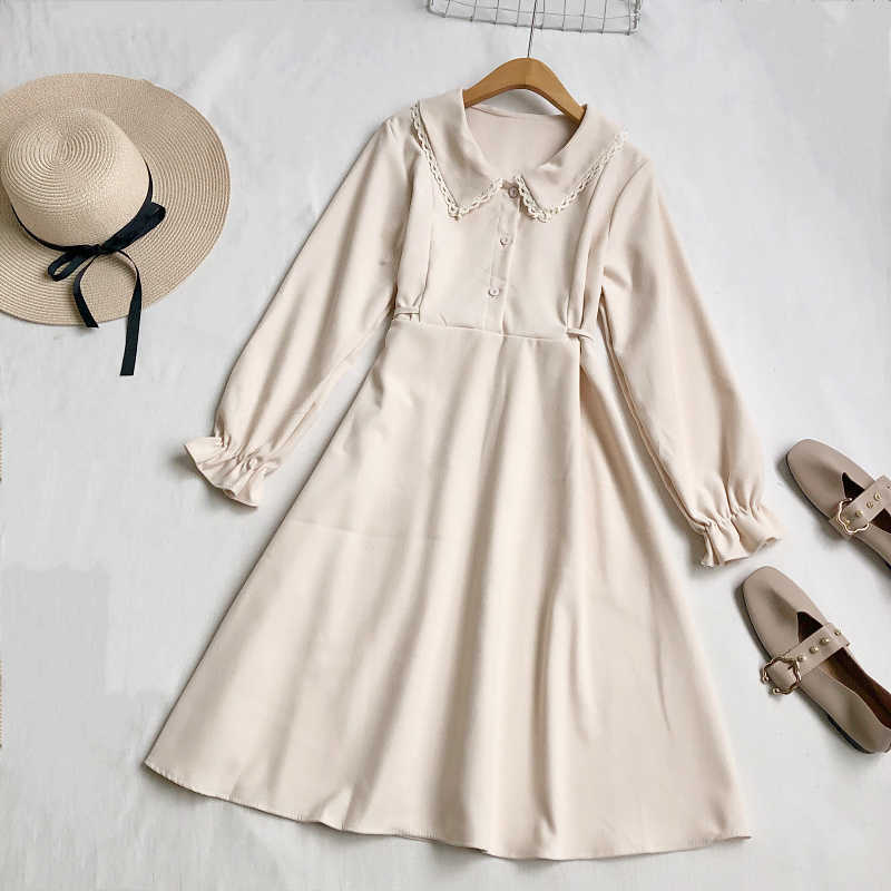 LY VAREY LIN Spring Autumn Women Peter Pan Collar Dress Lace Flare Sleeve Waist Down Bandage Slim Corduroy 210526