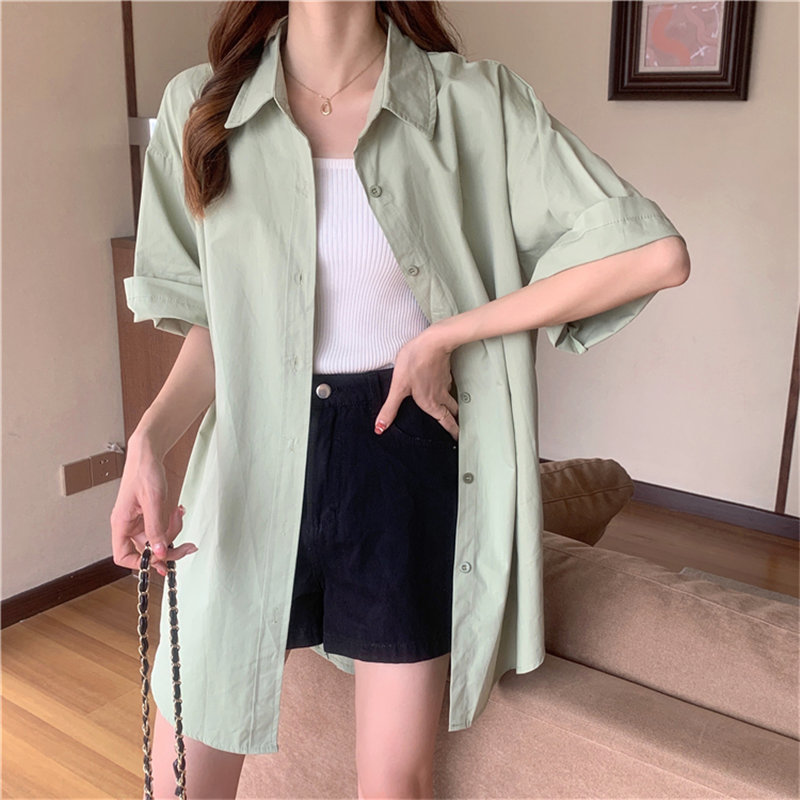 Short Sleeves Brief Outwear Casual Streetwear Elegance Loose Chic Solid Minimalist Summer Femme Gentle OL Shirts 210421