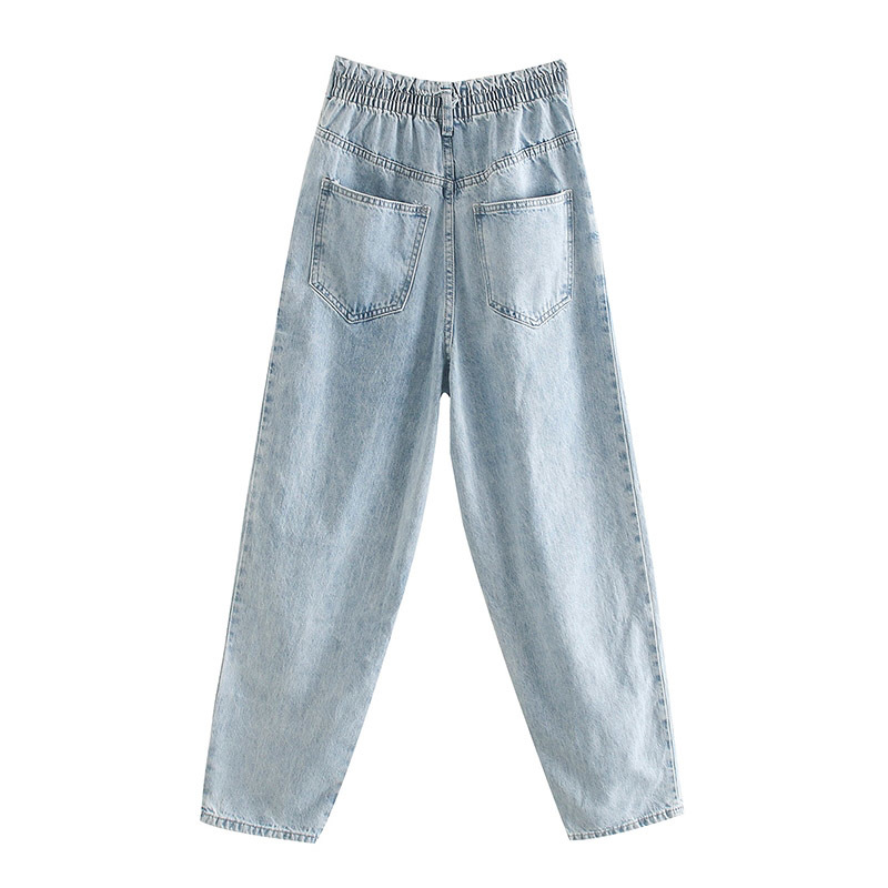 Light Blue Color Paperbag Pants Jeans Women Pleated Loose Casual Cowboy Lady Back Elastic Waist Long Trousers 210515